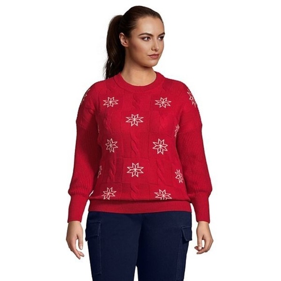 *BRAND NEW* Lands' End Snowflake Patchwork Crewneck Sweater - Picture 1 of 3